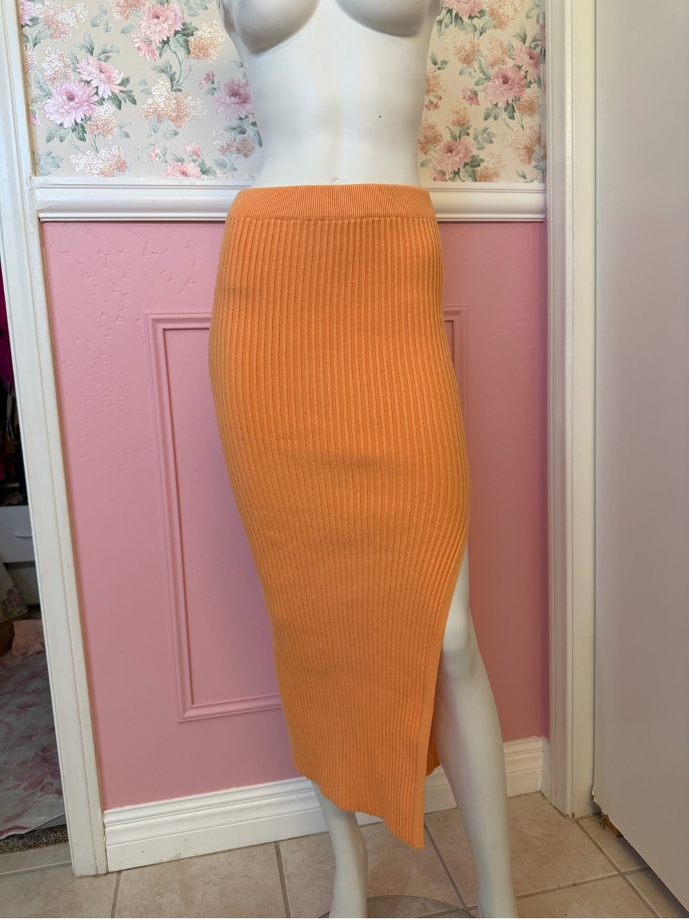 Princess Polly Orange Ribbed Midi Skirt with Side Slit